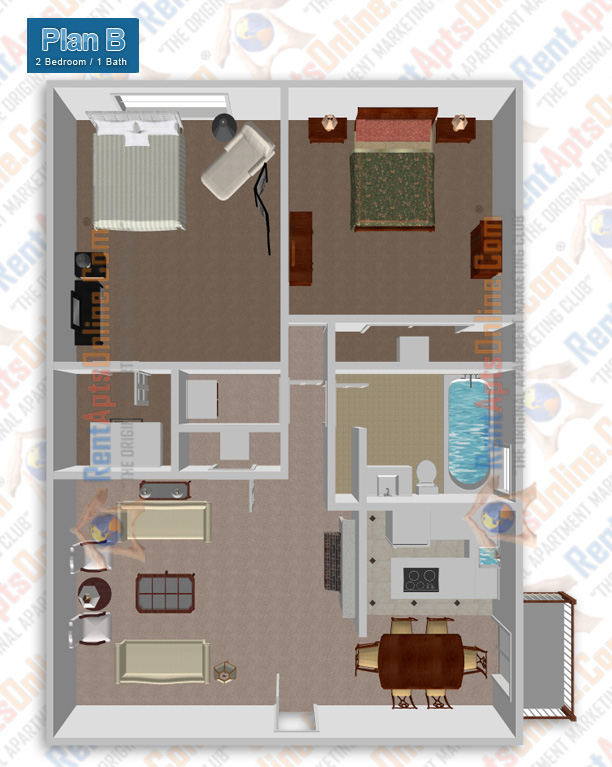 This image is the visual 3D representation of 'Bordeaux' in Casa Tiempo Apartments.